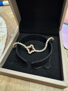 Gold clover tennis Bracelet with Red Stone Clover Accent - medium size fit most